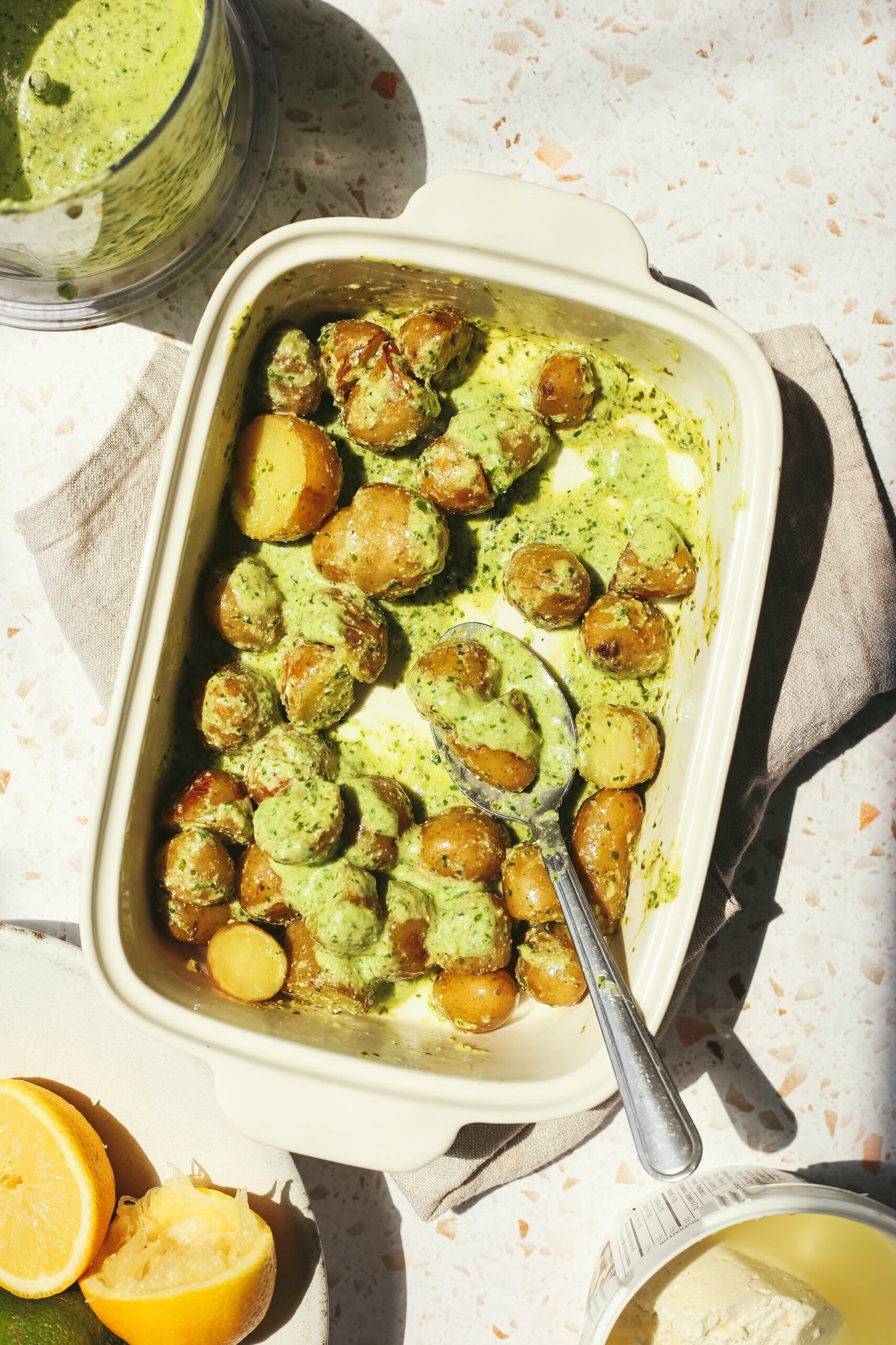 Feta Potato Salad with Basil-Green Onion Pesto