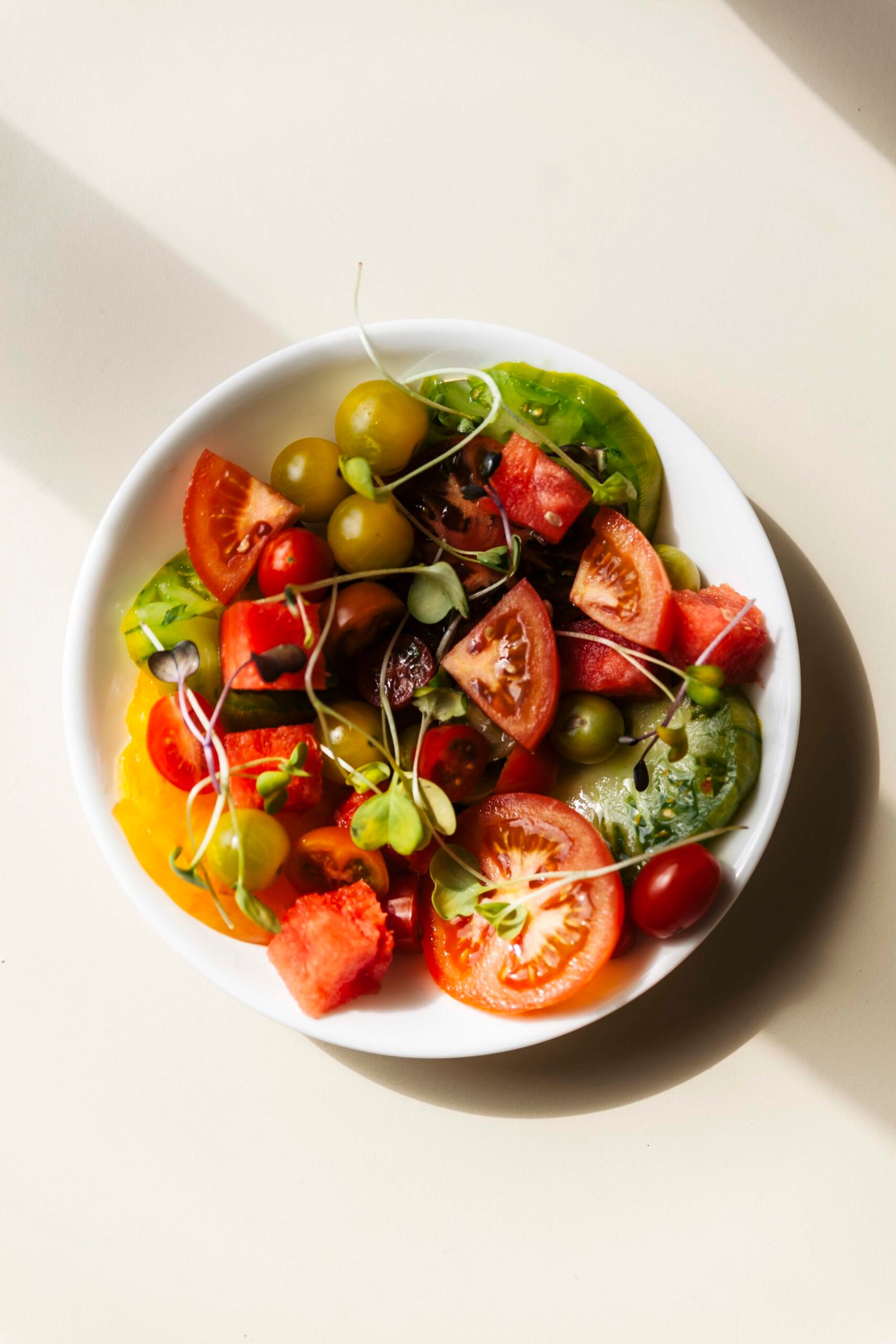 Tomato & Watermelon Heirloom Salad with Sprouts & Lime