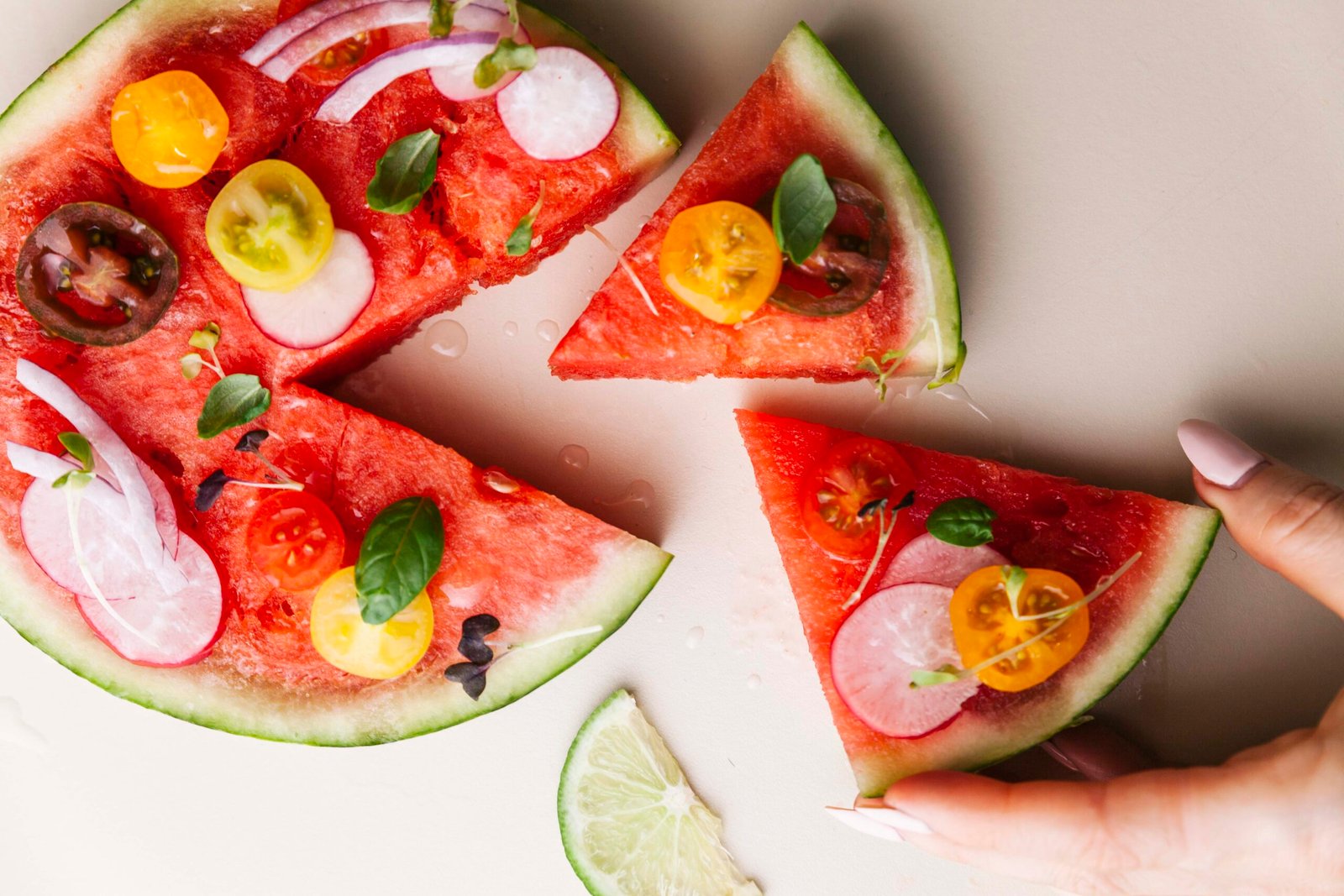 Watermelon Pizza with Radish, Red Onion & Lime