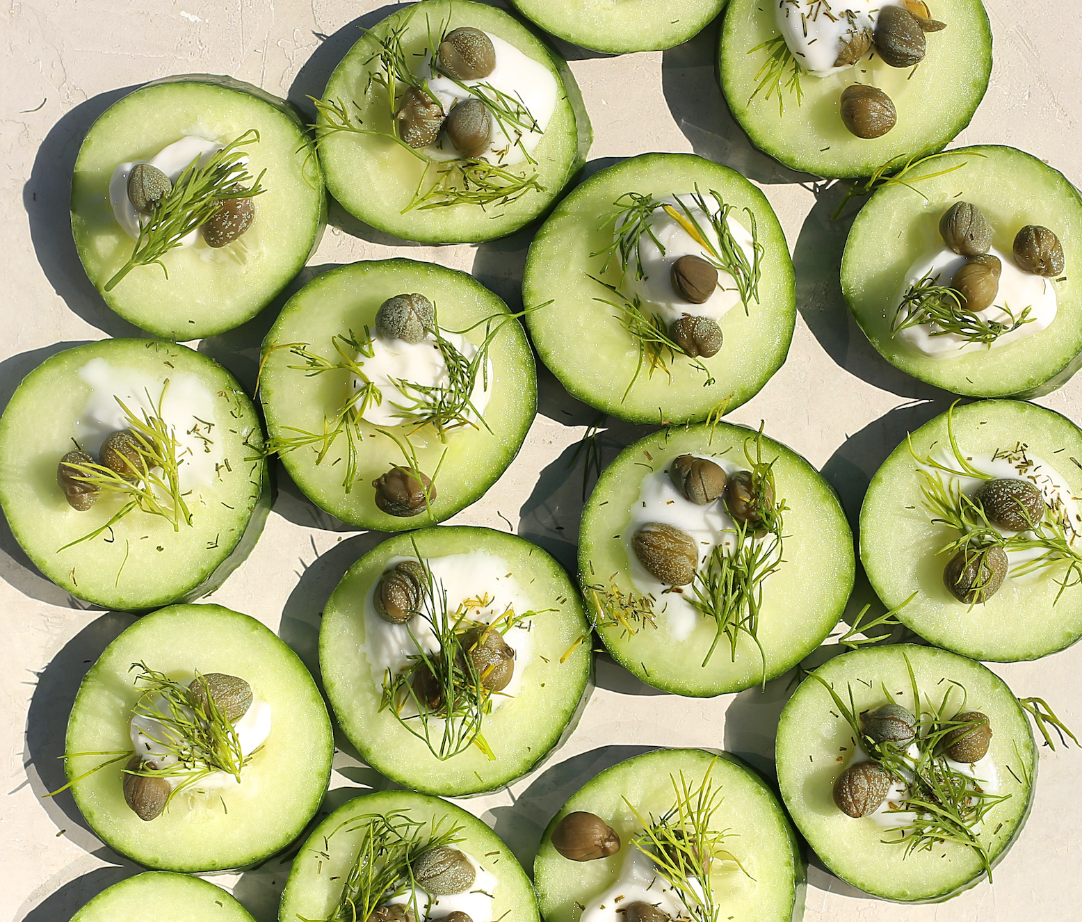Cucumber Bites with Garlic Greek Yogurt, Capers & Fresh Dill
