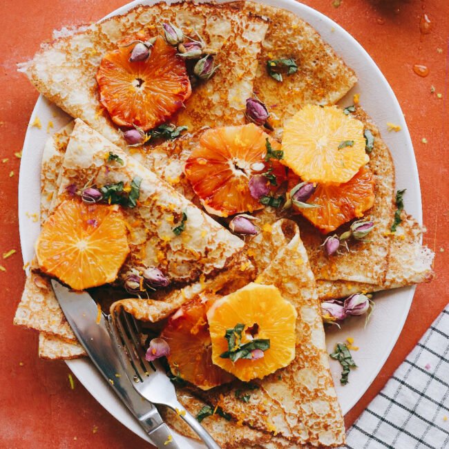 Citrus Crêpes with Edible Rose Petals & Mint